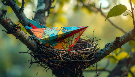 A colorful paper boat, crafted from a world map, finds an unlikely but safe harbor nestled within a bird's nest.の素材