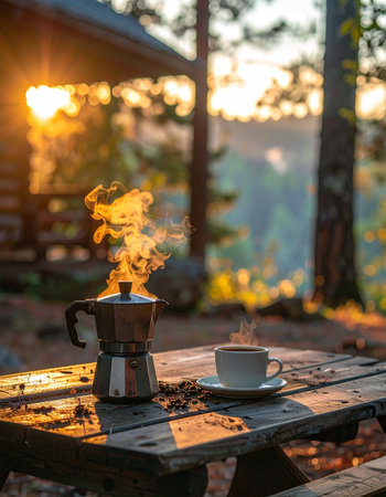As the sun rises, casting a warm golden glow through the forest trees, a fresh pot of coffee steams on a rustic wooden table.の素材