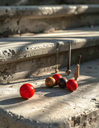 A vintage croquet set rests on weathered stone steps, bathed in the warm glow of late afternoon sunlight.の素材