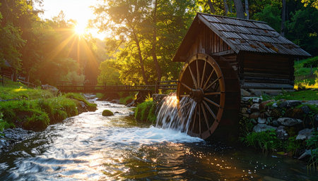 As the sun sets, its golden rays filter through the forest canopy, illuminating an old wooden watermill.の素材