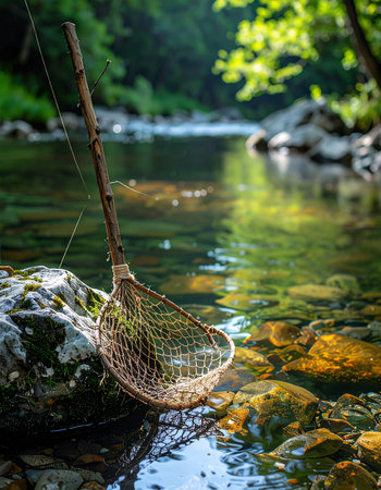 A handmade, rustic fishing net rests on a mossy rock in the clear, cool water of a forest stream.の素材