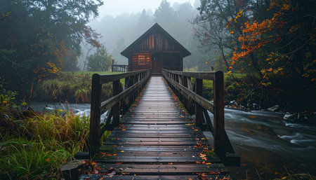 A wooden bridge leads across a gently flowing river, disappearing into the morning mist.の素材