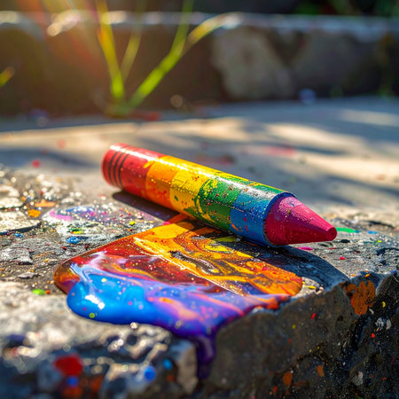 Under the intense glare of the summer sun, a vibrant rainbow crayon succumbs to the heat, its brilliant colors melting into an abstract puddle on the hot pavement.の素材