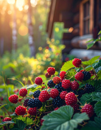 Golden sunset light filters through the trees, illuminating a bountiful bush of ripe red and black berries.の素材