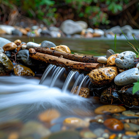 A gentle stream cascades over a small, natural dam of carefully placed rocks and fallen logs. The long exposure captures the smooth, milky flow of the water, creating a sense of peace and tranquility.の素材