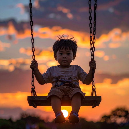 A young child sits peacefully on a swing, silhouetted against the vibrant colors of a dramatic sunset.の素材