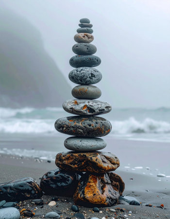 A tall, precarious stack of stones stands in perfect balance against the backdrop of a moody, fog-shrouded ocean.の素材