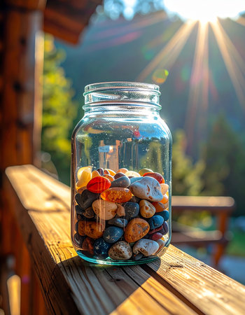A glass jar filled with a colorful collection of polished stones sits on a rustic wooden porch railing, bathed in the warm glow of the morning sun.の素材