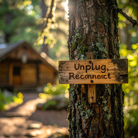 A rustic wooden sign with the words 'Unplug, Reconnect' hangs on a tree, marking the path to a secluded cabin in the woods.の素材