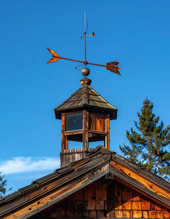 A classic copper arrow weather vane stands atop a rustic wooden cupola, pointing the way against a brilliant clear blue sky.の素材