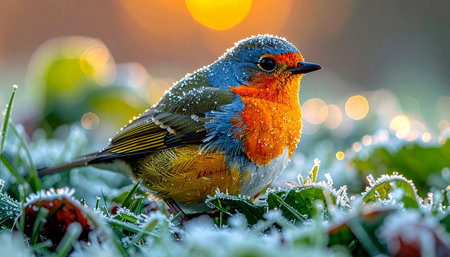 A colorful European robin sits peacefully amidst the frosty morning grass, its feathers catching the first golden rays of the rising sun.の素材
