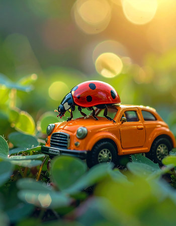 A tiny ladybug embarks on a grand adventure, hitching a ride on a vintage orange toy car.の素材