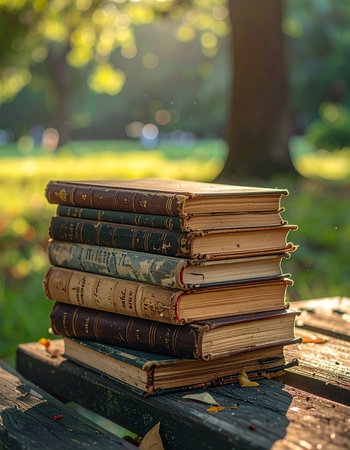 A stack of well-loved, vintage books rests on a rustic wooden bench, bathed in the warm, golden light of a late afternoon sun.の素材