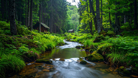 A gentle stream meanders through a vibrant, moss-covered forest floor, its water flowing smoothly over ancient stones.の素材