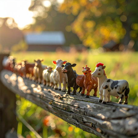 A charming collection of miniature toy cows and farm animals stand in a neat line along a weathered wooden fence.の素材