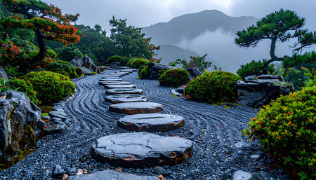 Follow the ancient stepping stones along a winding path in a tranquil Japanese Zen garden.の素材