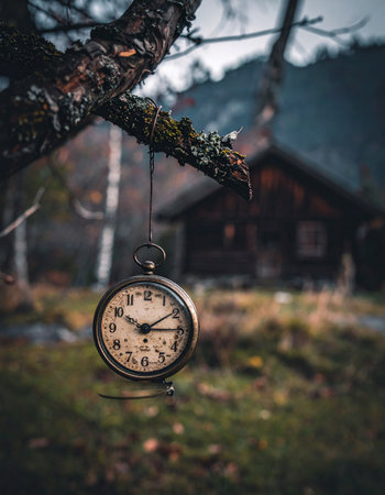 An old pocket watch, a relic of a bygone era, hangs suspended from a gnarled tree branch in a quiet, misty forest.の素材