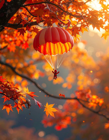 A lone adventurer gently descends through a canopy of brilliant autumn leaves, bathed in the warm, golden light of a setting sun.の素材