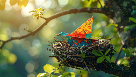 A vibrant, handcrafted origami bird sits peacefully in a real nest, bathed in the warm, golden light of a sun-drenched forest.の素材