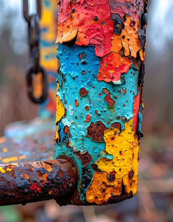 A macro view reveals the history of a forgotten object, where layers of vibrant paint crack and peel away to expose the raw, rusted metal beneath.の素材