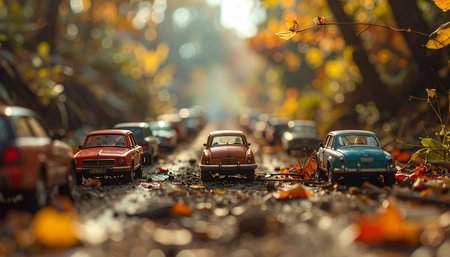 A whimsical traffic jam of miniature vintage toy cars lines a forest path during a golden autumn afternoon.の素材