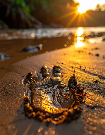 As the sun dips below the horizon, its last golden rays illuminate a forgotten metal relic half-buried in the wet sand.の素材