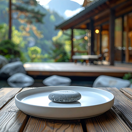 A single smooth stone rests on a simple plate, a symbol of balance and focus. In the background, a tranquil Japanese garden retreat invites quiet contemplation and mindfulness.の素材