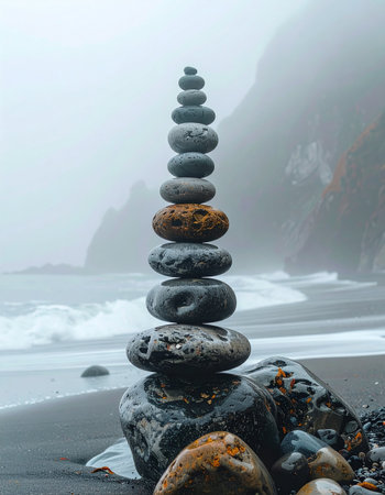 A tower of carefully balanced stones stands as a monument to patience and tranquility on a foggy, secluded beach.の素材