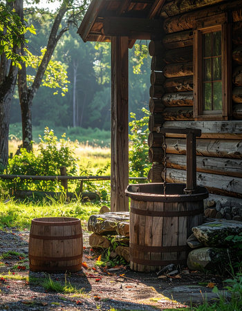 Golden morning sunlight filters through the trees, illuminating the porch of a historic log cabin.の素材