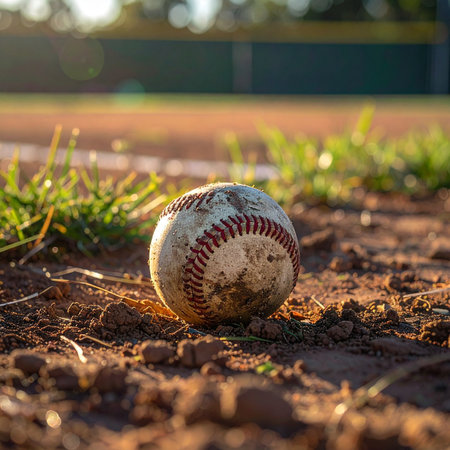 As the golden hour sun casts long shadows across the empty field, a single, well-worn baseball rests in the dirt.の素材