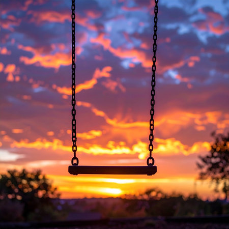 An empty swing is silhouetted against a breathtakingly vibrant sunset.の素材