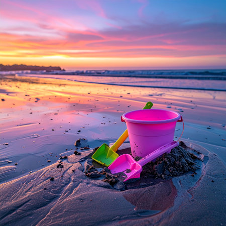As a vibrant sunset paints the sky, a child's colorful bucket and spade rest on the wet sand.の素材