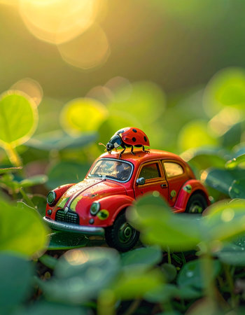 A tiny red car, with a friendly ladybug passenger, embarks on an early morning adventure through a vibrant, sun-drenched world of green leaves.の素材