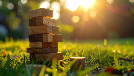 A wooden block tower stands precariously on a lush green lawn, bathed in the warm, golden light of a setting sun.の素材