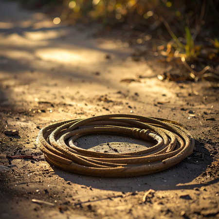 An old, weathered garden hose lies coiled on a dusty dirt path, basking in the warm, dappled sunlight of a late afternoon.の素材