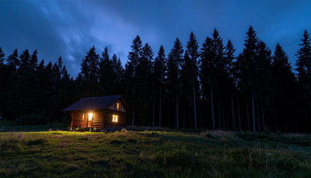 A solitary wooden cabin offers a warm, inviting glow against the deep blue twilight of the mountain wilderness.の素材
