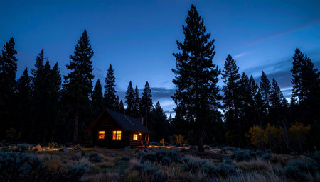 As twilight deepens into the blue hour, a remote log cabin offers a warm, glowing sanctuary amidst the dark, silent forest.の素材