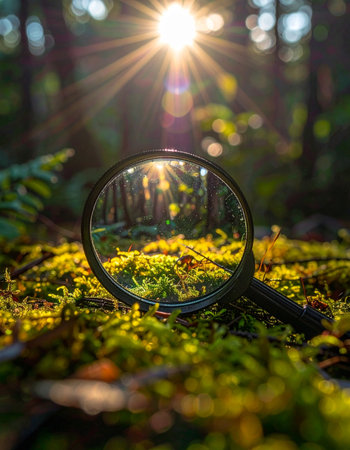 A magnifying glass rests on a bed of vibrant green moss, bringing the intricate details of the forest floor into sharp focus.の素材