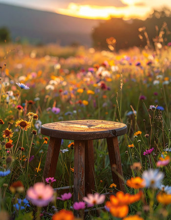 An empty wooden stool sits peacefully in a vibrant meadow of wildflowers, bathed in the warm, golden light of a setting sun.の素材