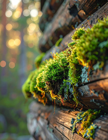 Golden sunlight filters through a tranquil forest, illuminating vibrant green moss clinging to the weathered logs of an old structure.の素材