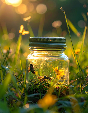 A glass jar rests in the tall grass, holding a microcosm of summer magic. Inside, fireflies dance and glow, their tiny lights illuminating the twilight of a warm evening.の素材