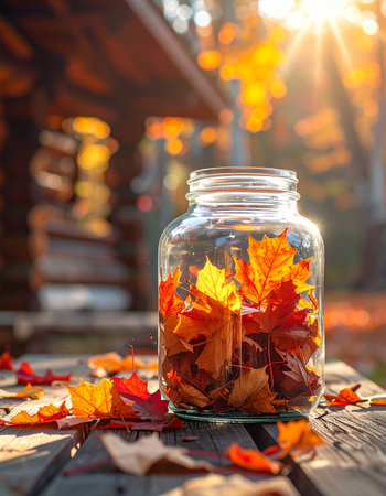 Capturing the essence of a perfect autumn day. A glass jar filled with vibrant red and orange leaves sits on a rustic wooden table, preserving the fleeting beauty of the season.の素材