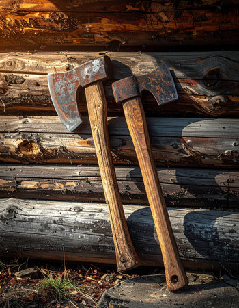 Two weathered axes rest against the sturdy logs of a rustic cabin, bathed in the warm glow of the setting sun.の素材
