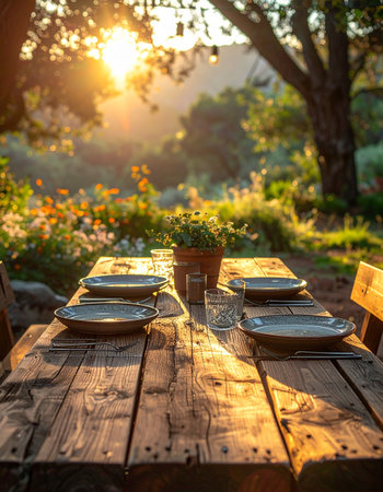 A rustic wooden table is set for an evening meal in a beautiful garden, bathed in the warm, golden light of the setting sun.の素材