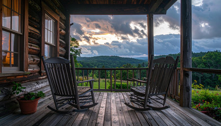 Two empty rocking chairs sit on the wooden porch of a rustic log cabin, waiting for company.の素材