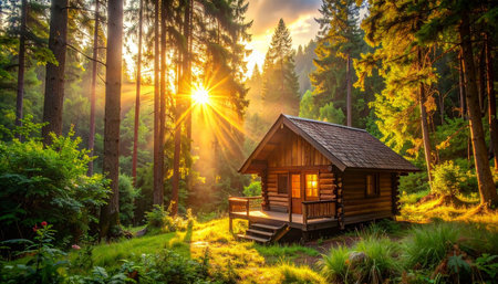 As the sun rises, its golden rays pierce through the dense forest canopy, illuminating a secluded log cabin.の素材