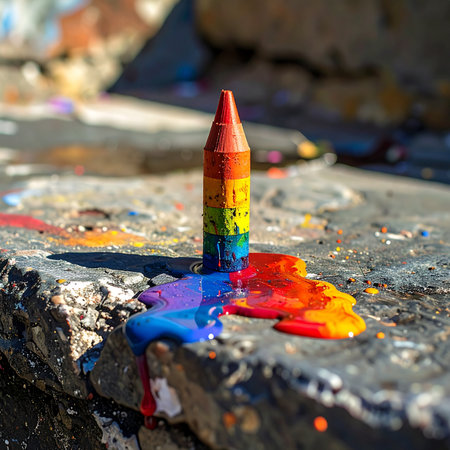 Under the intense heat of the sun, a vibrant rainbow crayon surrenders its solid form, melting into a brilliant pool of color.の素材