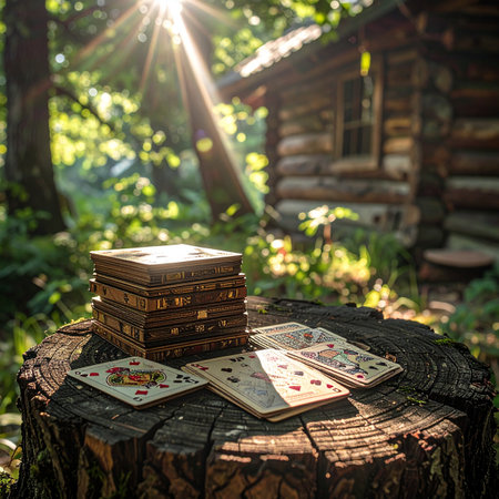 A well-worn deck of playing cards rests on a weathered tree stump, bathed in the warm glow of morning sunlight.の素材