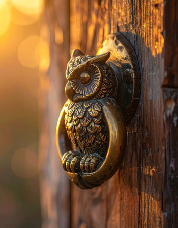 As the sun sets, its warm golden light catches the intricate details of a vintage owl door knocker.の素材