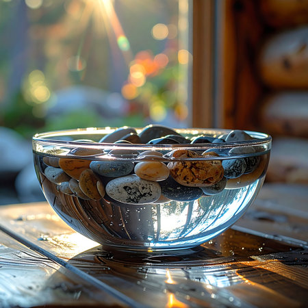A simple glass bowl filled with smooth river stones sits on a rustic wooden table, bathed in the warm, golden light of a new day.の素材